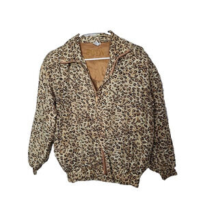 VTG Fuda International Tan Leopard Print 100% Silk Full Zip Jacket Womans Size S